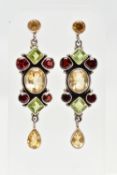 A PAIR OF WHITE METAL GEMSET EARRINGS, a pair of white metal drop earrings set with garnet,