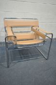 AFTER MARCEL BREUER WASSILY CHAIR, chrome frame and tan leather, unsigned, width 79cm x depth 78cm x