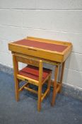 A MID CENTURY MELTON CHILDS DESK, width 26cm x depth 15cm x height 74cm and chair (2)