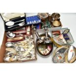 A BOX OF ASSORTED WHITE METAL WARE, to include entree dishes, a cased set EPNS salad servers, six