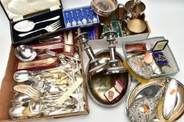 A BOX OF ASSORTED WHITE METAL WARE, to include entree dishes, a cased set EPNS salad servers, six