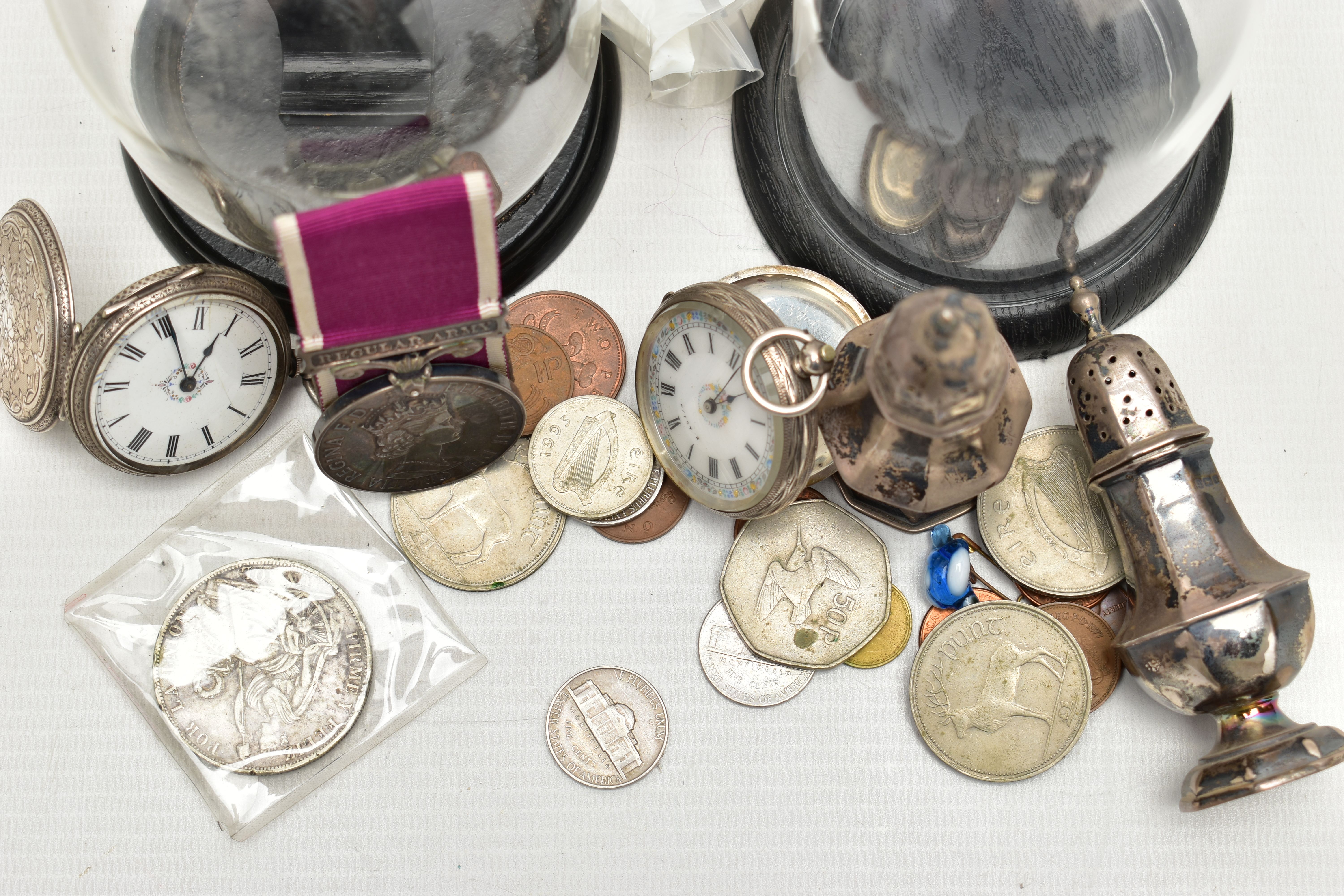 TWO SILVER OPEN FACE POCKET WATCHES WITH STANDS, SILVER PEPPERETTES AND OTHER ITEMS, to include - Image 5 of 5