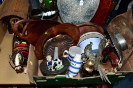 A GROUP OF LARGE ORNAMENTS AND ONE BOX OF MISCELLANEOUS ITEMS, to include blue and white