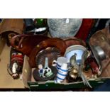 A GROUP OF LARGE ORNAMENTS AND ONE BOX OF MISCELLANEOUS ITEMS, to include blue and white