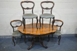 A VICTORIAN ROSEWOOD BREAKFAST TABLE, with a wavy top, on four scrolled legs and casters, length