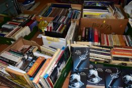 SIX BOXES OF BOOKS, CDS AND DVDS, approximately one hundred and fifty books, titles to include