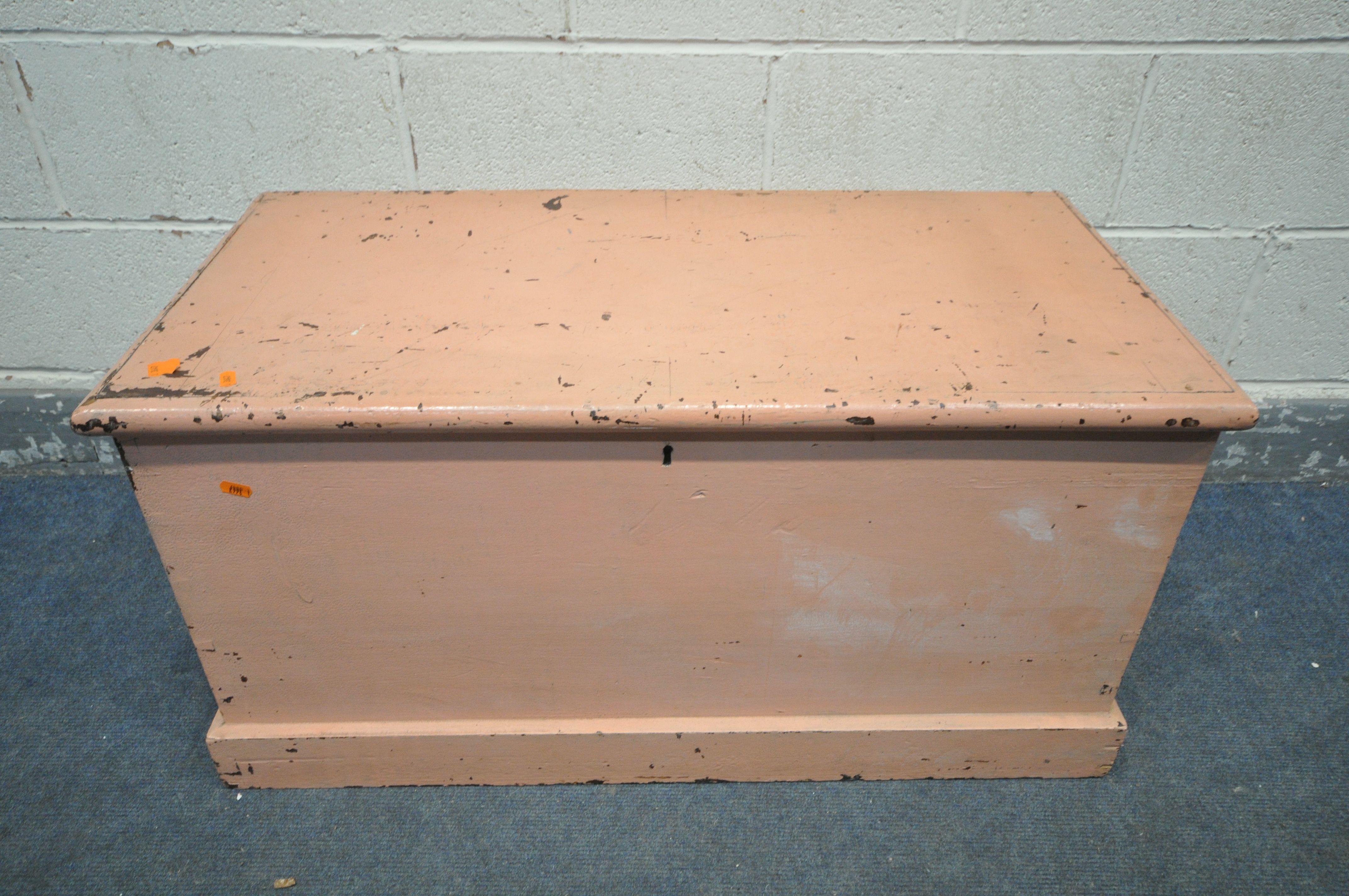 A 19TH CENTURY PINK PAINTED PINE BLANKET CHEST, width 94cm x depth 46cm x height 48cm