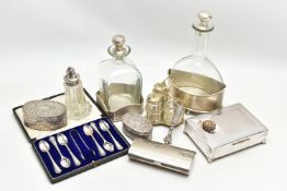 A BOX OF ASSORTED ITEMS, to include a rolled gold Victorian memorial brooch, encasing a photo to the