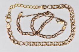 TWO 9CT YELLOW GOLD BRACELETS, to include a flat double curb link bracelet, with a later added