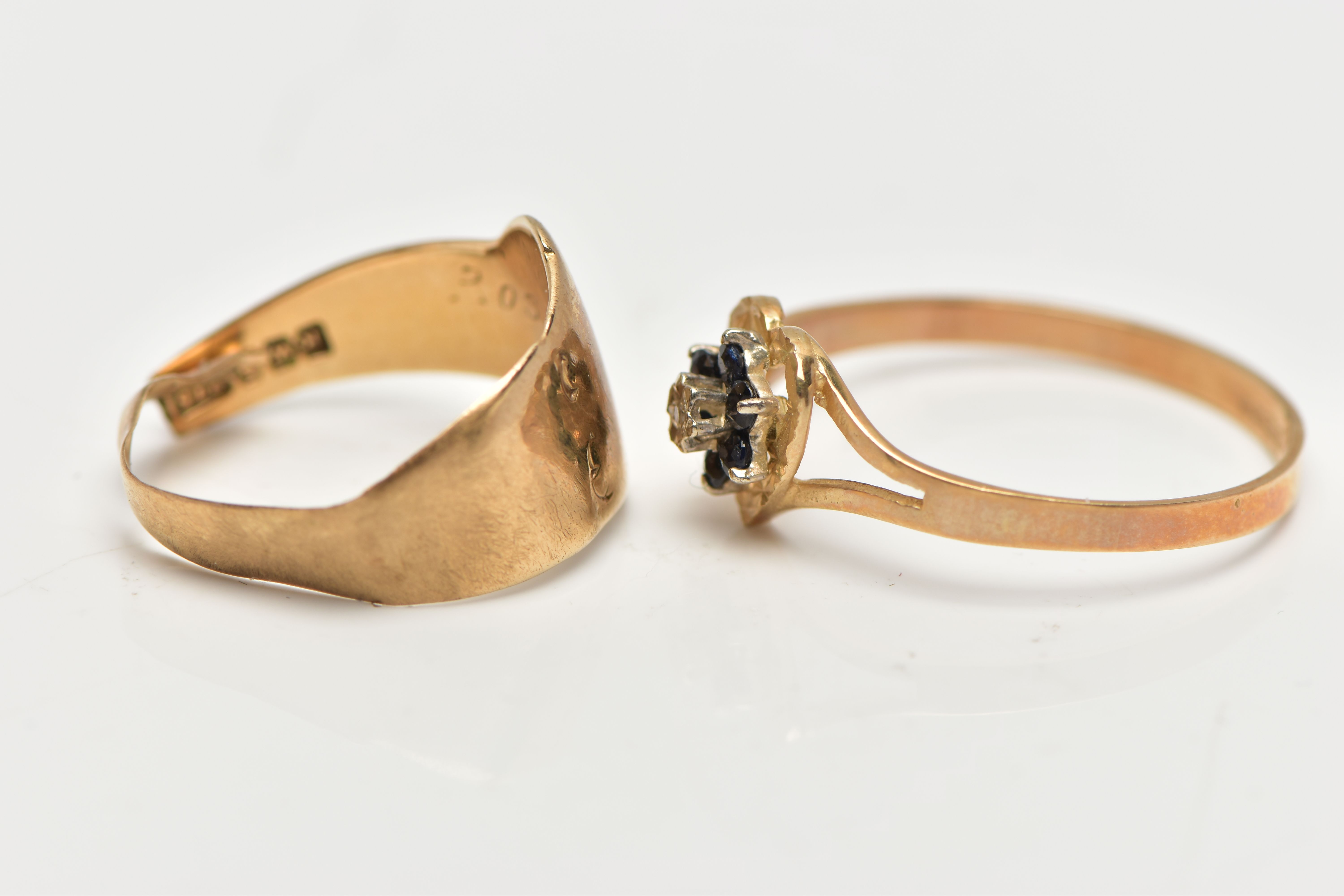 TWO 9CT YELLOW GOLD RINGS, to include a diamond and sapphire cluster ring, hallmarked Birmingham - Image 2 of 4