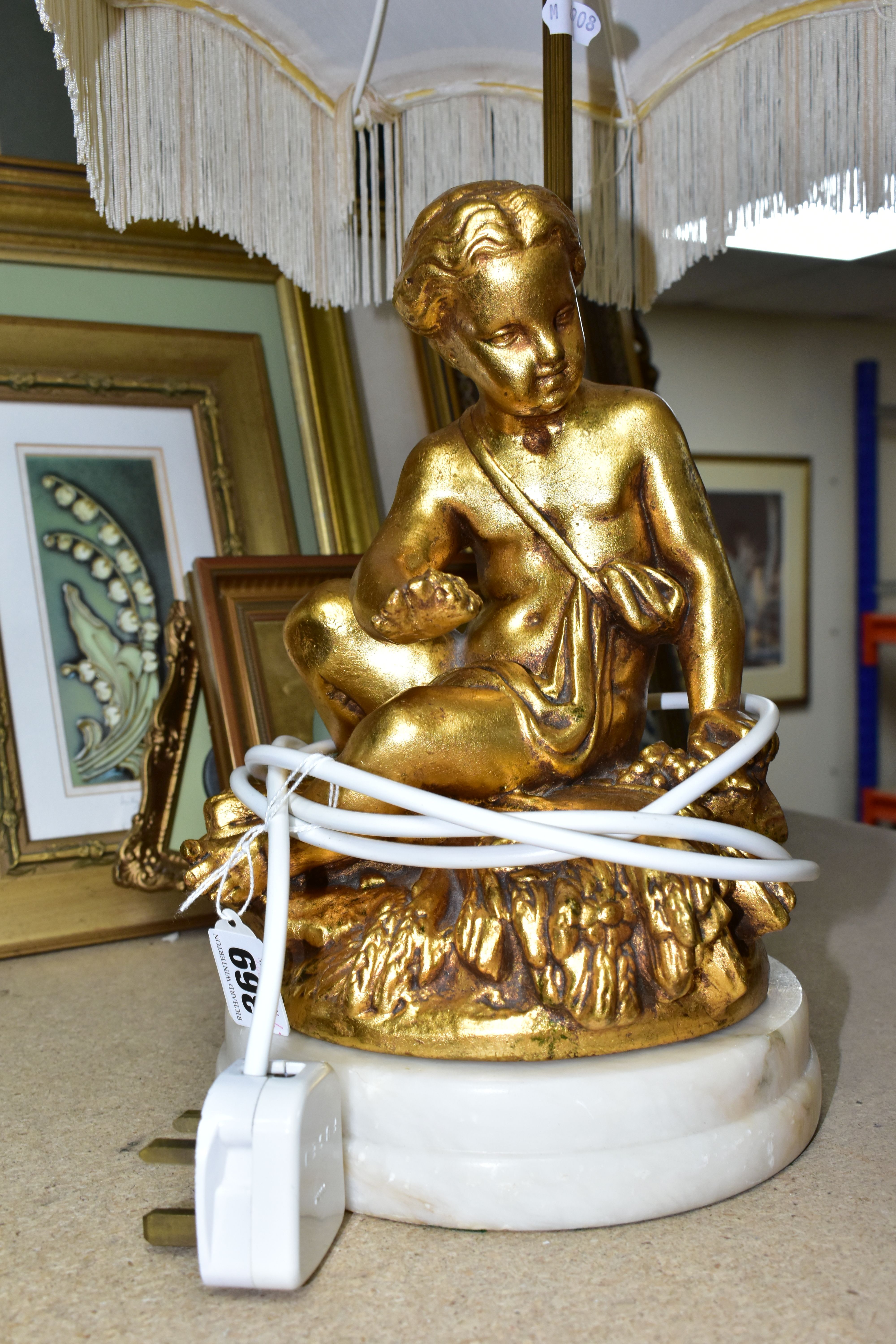 A GROUP OF LAMPS AND GILT FRAMED PRINTS, comprising a small figural standard lamp with cherubs - Image 5 of 11