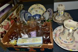 TWO BOXES AND LOOSE CERAMICS, GLASS AND PICTURES ETC, to include two wash basins and jugs, German