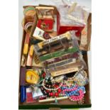 A BOX OF ASSORTED COSTUME JEWELLERY AND ITEMS, to include various beaded necklaces, bracelets,