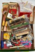 A BOX OF ASSORTED COSTUME JEWELLERY AND ITEMS, to include various beaded necklaces, bracelets,