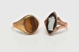 A 9CT GOLD CAMEO RING AND YELLOW METAL SIGNET RING, the first a marquise shaped ceramic cameo