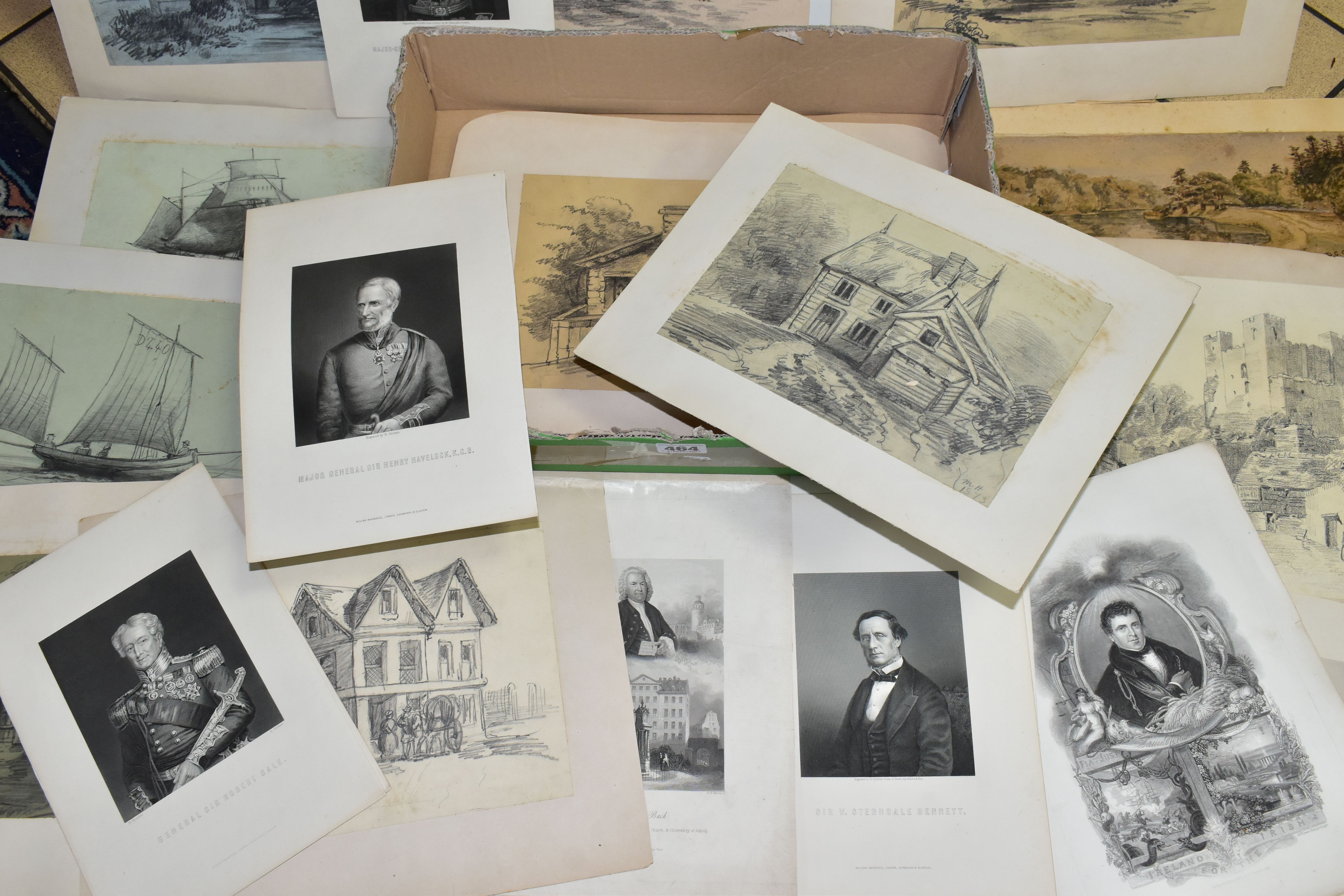 TEN 19TH CENTURY PENCIL SKETCHES TOGETHER WITH ENGRAVING PORTRAIT PRINTS OF HISTORICAL FIGURES