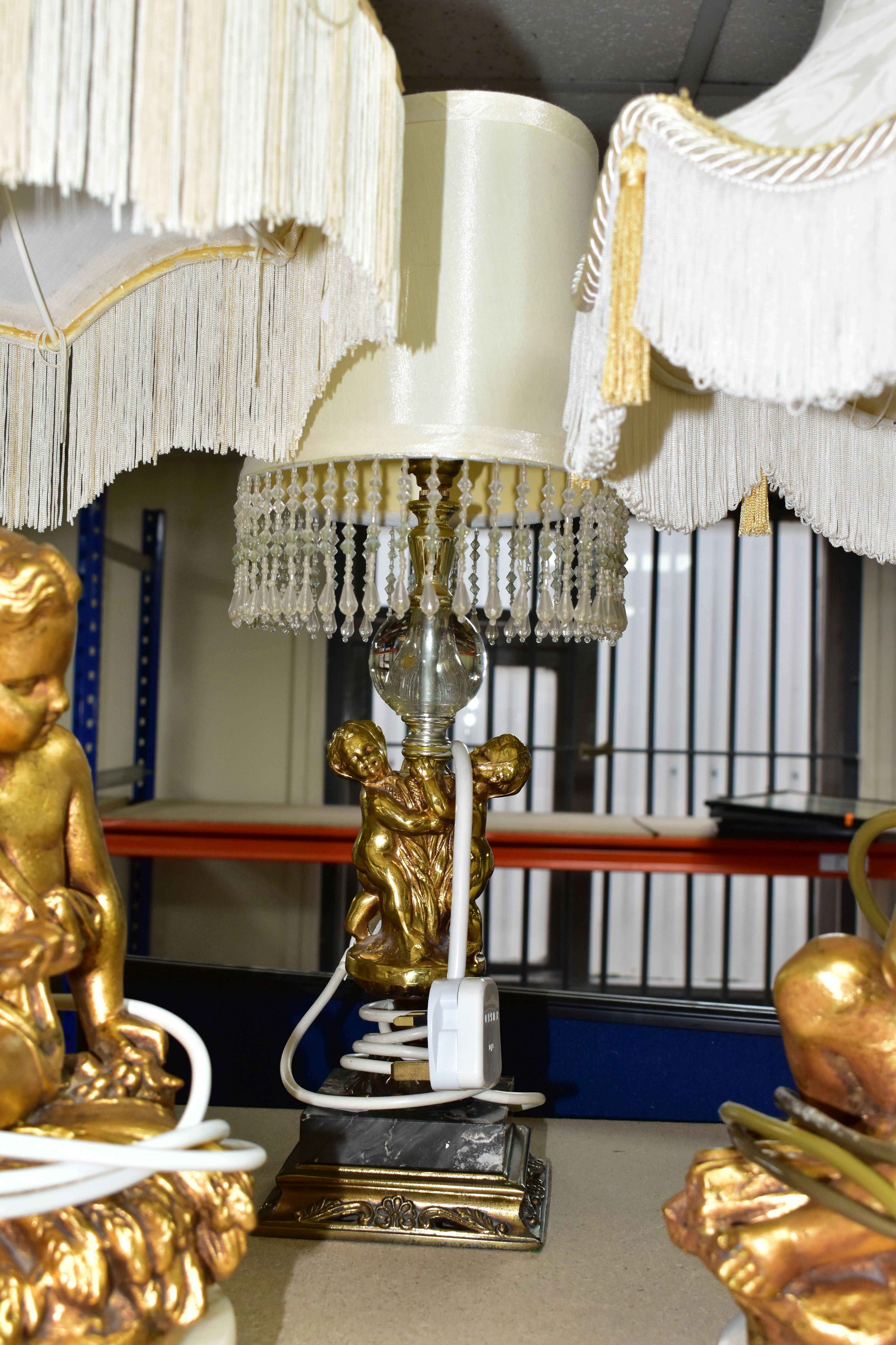 A GROUP OF LAMPS AND GILT FRAMED PRINTS, comprising a small figural standard lamp with cherubs - Image 6 of 11