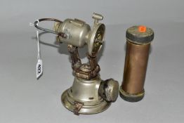 A POWELL & HANMER 'PANTHER' BICYCLE LAMP, (incomplete) together with a brass Lamson pneumatic /