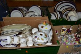 FOUR BOXES OF CONTINENTAL PORCELAIN FIGURINES, CERAMIC ORNAMENTS AND DINNER WARES, to include a pair