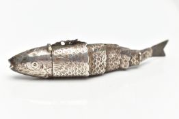 A WHITE METAL VINAIGRETTE, novelty vinaigrette in the form of an articulated fish, approximate