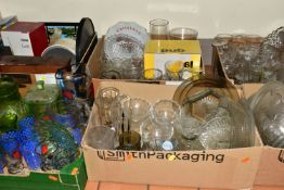 SIX BOXES OF GLASS WARES AND SUNDRY ITEMS, to include an amber decanter of conical form with