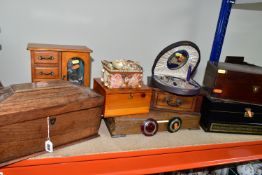 A GROUP OF WOODEN AND OTHER BOXES, to include a tea caddy of sarcophagus form with ring handles,