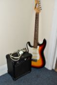 AN EXTREME LEFT HANDED ELECTRIC GUITAR WITH WATSON XL10 AMPLIFIER, the guitar having a sunburst