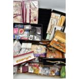A BOX OF ASSORTED COSTUME JEWELLERY AND ITEMS, to include a boxed 'Zilon' lighter, a folding