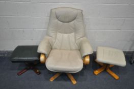 A CREAM LEATHERETTE RECLINING ARMCHAIR, and footstool, and another green footstool (condition -