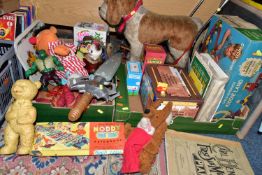 TWO BOXES OF GAMES, TOYS AND GAMES TABLE, to include a pedestal games table with chess, playing