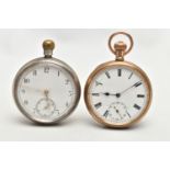 TWO OPEN FACE POCKET WATCHES, the first a gold plated pocket watch, hand wound movement, Roman