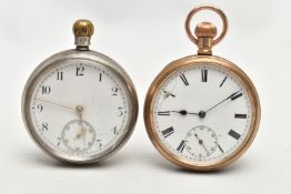 TWO OPEN FACE POCKET WATCHES, the first a gold plated pocket watch, hand wound movement, Roman