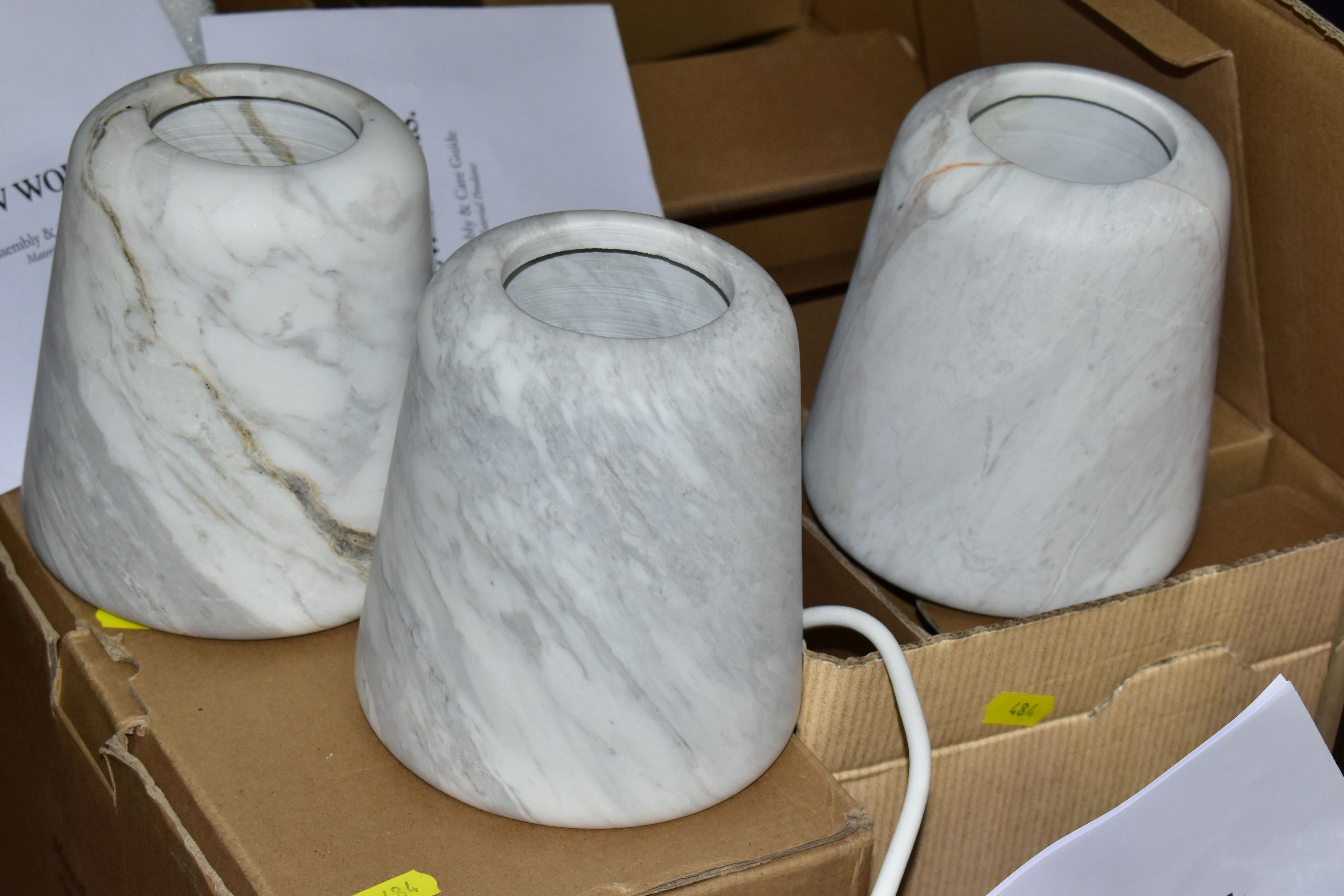 THREE NEW WORKS NORGAARD & KECHAYAS CEILING LIGHTS, the shades are made of light grey marble with - Image 2 of 7