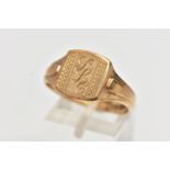 A 9CT GOLD SIGNET RING, of a square form with engraved initials and engine turned pattern,