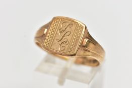 A 9CT GOLD SIGNET RING, of a square form with engraved initials and engine turned pattern,