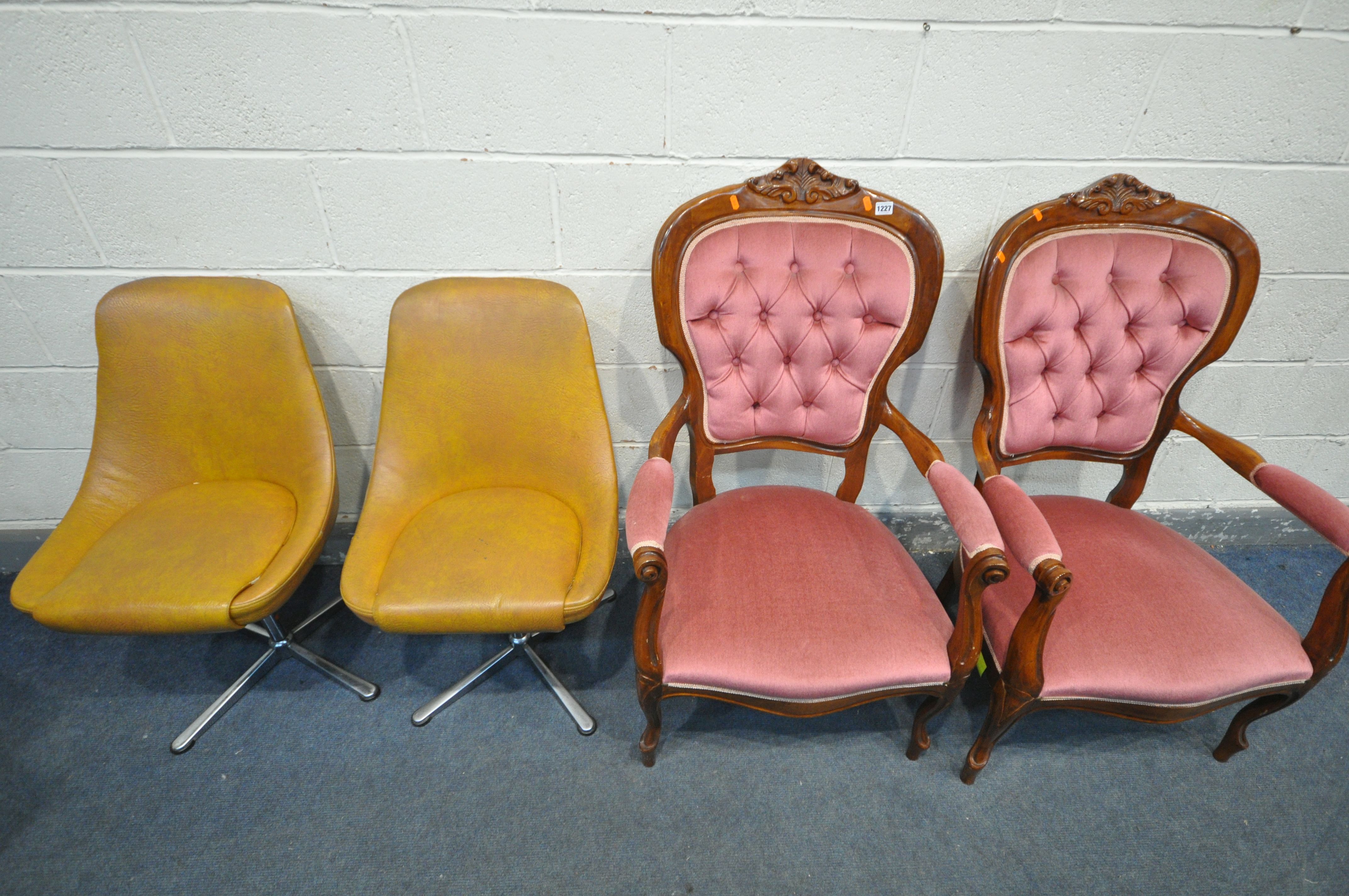 A PAIR OF ITALIAN STYLE MAHOGANY ARMCHAIRS, with open armrests, and pink upholstery, along with a