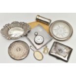 A SILVER BONBON DISH AND OTHER WHITE METAL ITEMS, to include an oval pierced bonbon dish