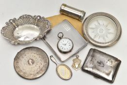 A SILVER BONBON DISH AND OTHER WHITE METAL ITEMS, to include an oval pierced bonbon dish