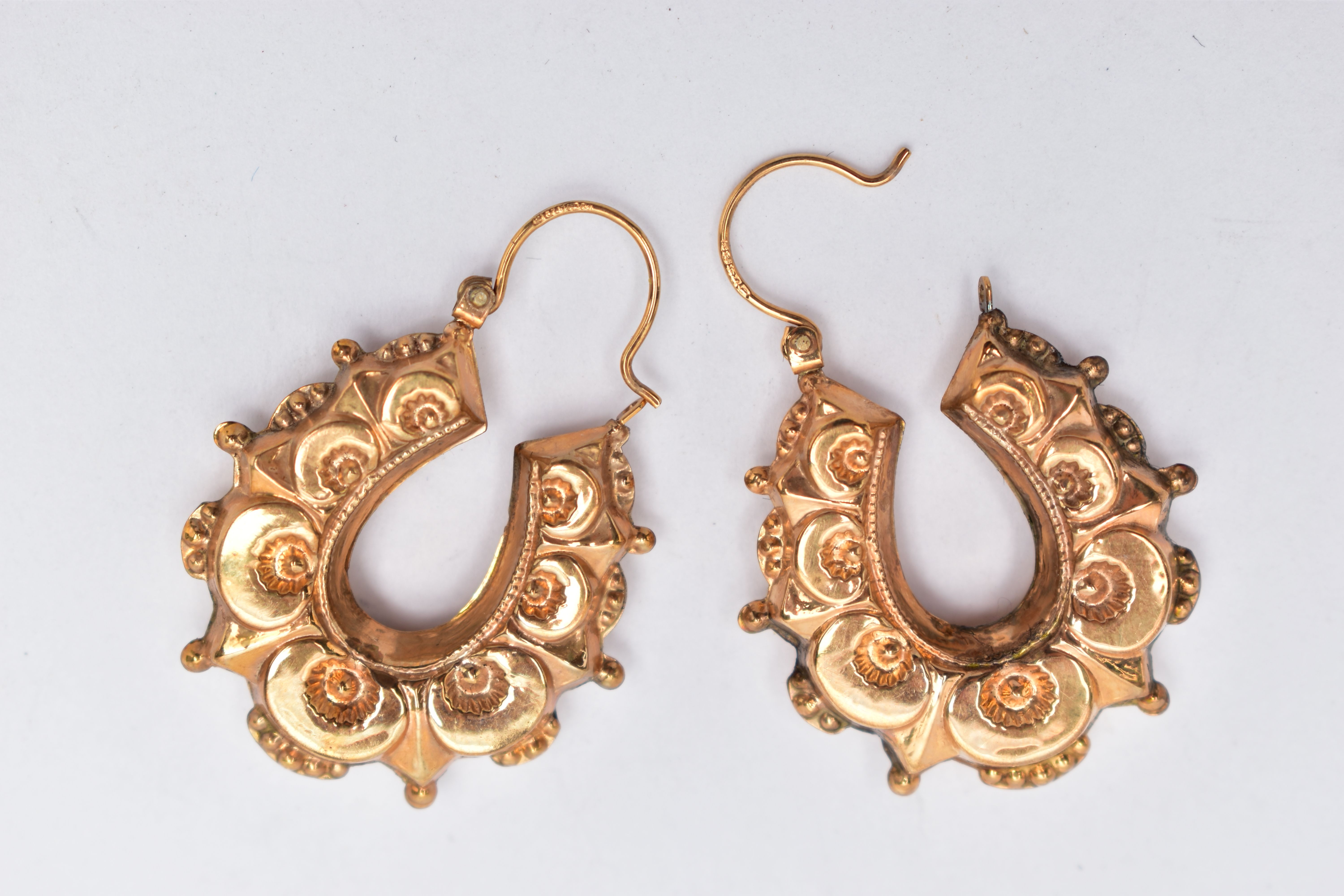 A PAIR OF 9CT GOLD CREOLE HOOP EARRINGS, a pair of large hollow creole hoop earrings, fitted with - Image 2 of 2