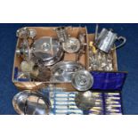 A BOX OF ASSORTED WHITE METAL WARE AND CUTLERY, to include a three piece EP tea service set