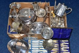 A BOX OF ASSORTED WHITE METAL WARE AND CUTLERY, to include a three piece EP tea service set