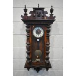 A 19TH CENTURY WALNUT VIENNA CLOCK, with Arabic numerals, height 116cm (winding key and pendulum)