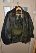 A MEN'S BARBOUR BEDALE JACKET, size 38 with detachable hood and a Barbour waxed bucket hat size