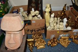 TWO BOXES AND LOOSE SCULPTURES, to include a large terracotta Easter Island style bust height