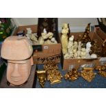 TWO BOXES AND LOOSE SCULPTURES, to include a large terracotta Easter Island style bust height