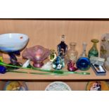 A GROUP OF COLOURED AND DECORATIVE GLASSWARES, to include a Jane Charles studio glass blue and clear