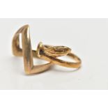 TWO 9CT GOLD RINGS, the first a double wishbone ring, plain polished finish, hallmarked 9ct