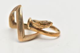 TWO 9CT GOLD RINGS, the first a double wishbone ring, plain polished finish, hallmarked 9ct