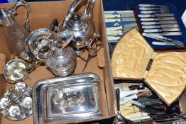 A BOX OF ASSORTED WHITE METAL WARE AND CUTLERY, to include a glass and white metal claret jug