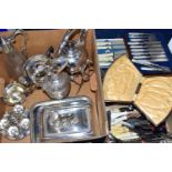 A BOX OF ASSORTED WHITE METAL WARE AND CUTLERY, to include a glass and white metal claret jug